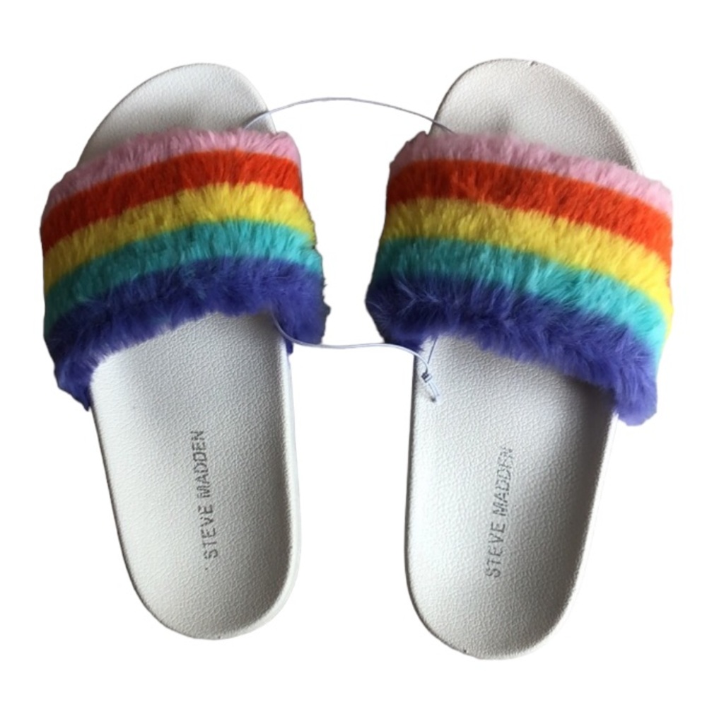 Steve Madden Softey Rainbow Faux Fur Slide